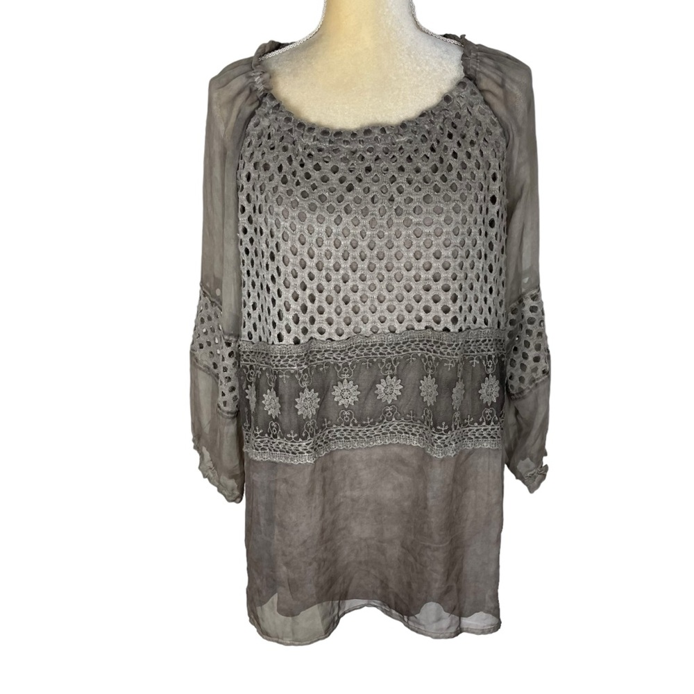 John Mark Brown Embroidered Round Neck 3/4 Sleeve Sheer Tunic Size Large